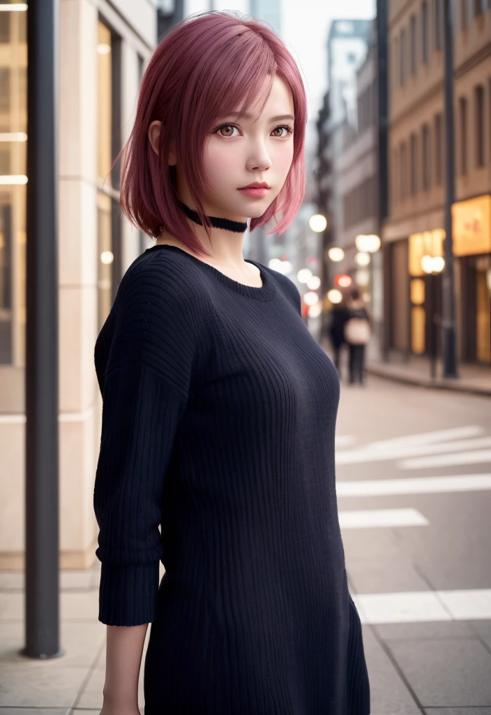 8K, of the highest quality, masutepiece:1.2), (Realistic, Photorealsitic:1.37), of the highest quality, masterpiece, bight pink hair, Beautiful young woman, Pensive expression, charming, an inviting look, pixie hair, Cinematic background, Light skin tone, city street Background, sadness