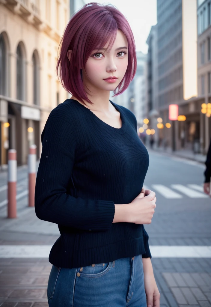 8K, of the highest quality, masutepiece:1.2), (Realistic, Photorealsitic:1.37), of the highest quality, masterpiece, bight pink hair, Beautiful young woman, Pensive expression, charming, an inviting look, pixie hair, Cinematic background, Light skin tone, city street Background, sadness