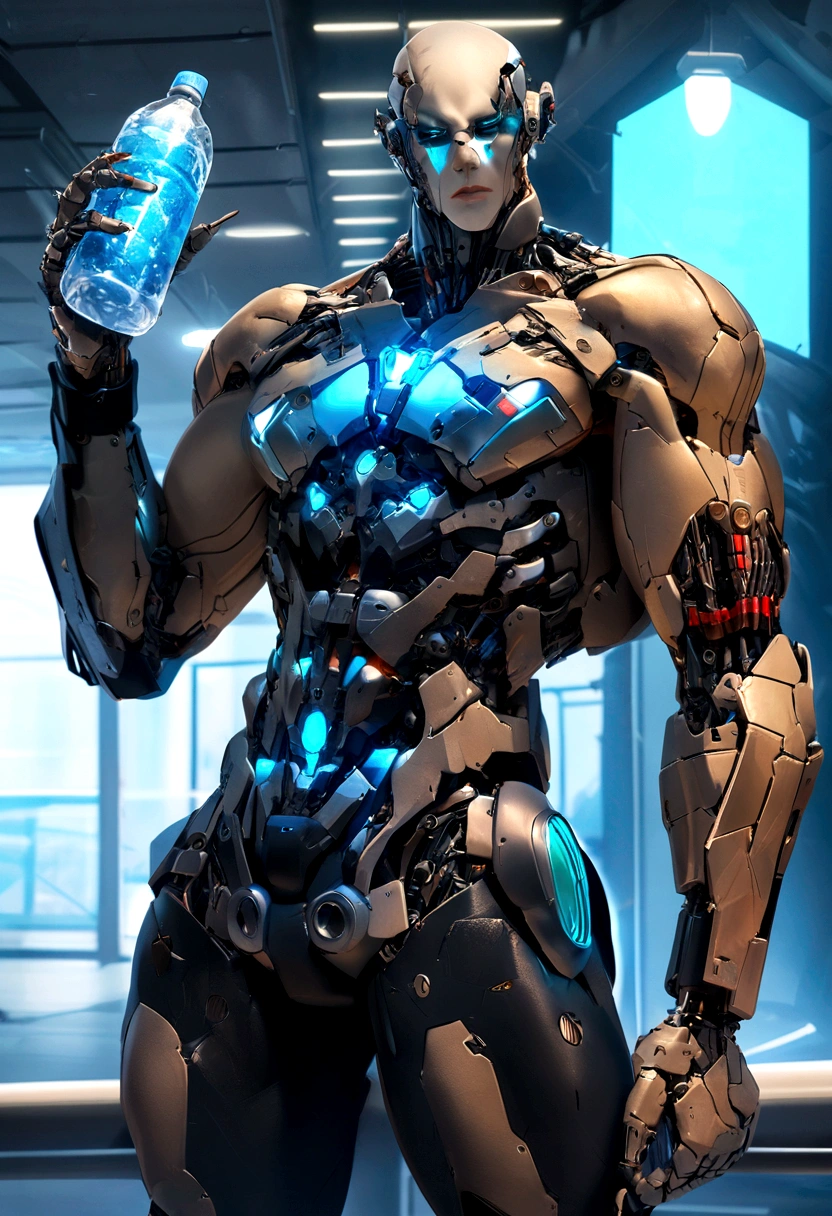 Pessoas do sexo masculino Profissionais,arafian man holding a bottle of water and a bottle of ice, cyborg male, cyborg body, male cyborg, cyborg fashion shot, body full glowing vacuum tubes, half cyborg, cyborg, fitness model, head and shoulders photography, cyberpunk ads, cyborg tech on body and legs, cyborg parts, product advertisement, zyzz, cyborg fashion model, super buff and cool