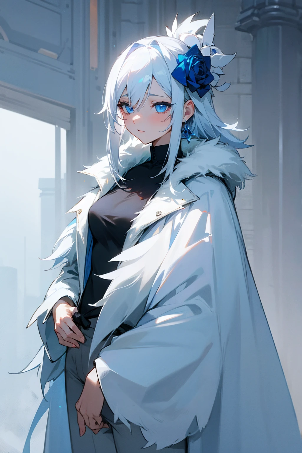 1female, white hair, blue rose hair ornament, blue eyes, cold, misty environment, tired expression, white fur coat, black undershirt, white pants, city background, detailed background, hands to side, standing on path