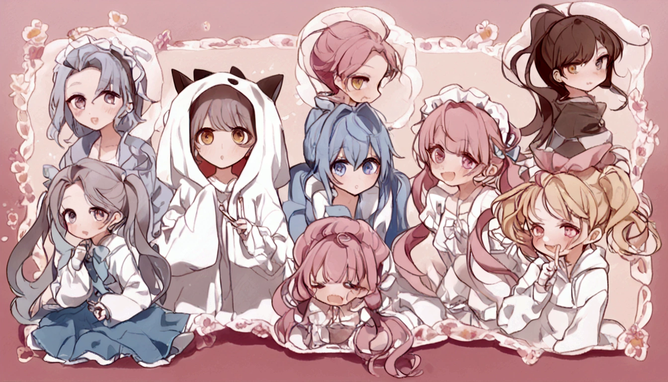 delicate、masterpiece、highest quality、2 peopleの女の子、2 peopleだけ、2 people、virtual、(((cute、Minato Aqua、minato akua，cute、Pink Hair、Light blue mesh hair、Long Hair、Twin tails，distinct eyes、Clothes like a maid、船乗りのcute服，Haveは無し)))、(((Hoshikawa Sara、hoshikawa sara、cute、Blonde、Side Tail、High ponytail on the left、Cool clothes、White camisole、White baggy hoodie、Have)))、White Background、Flat Color、2 peopleとも正面を向いている、sketch