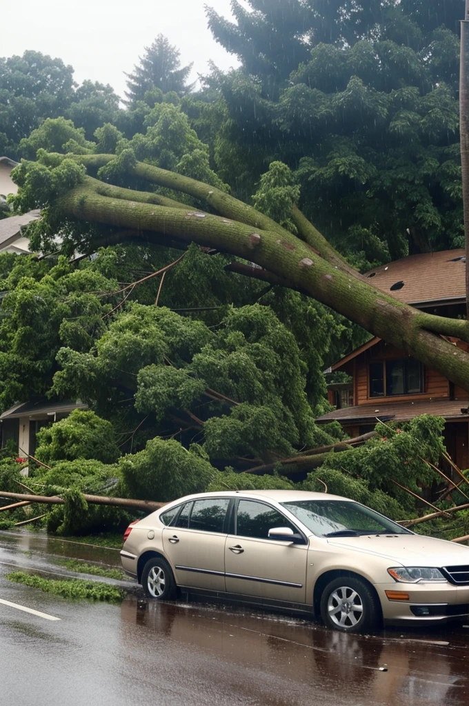 Several large tree trunks have fallen and hit a car after a rain storm in your residential area(must have house)