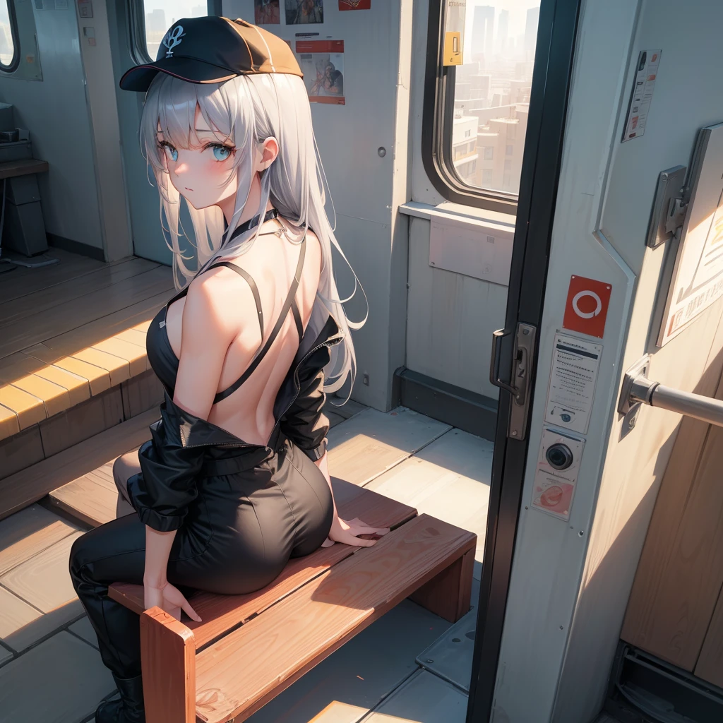 ((Highly detailed CG8k Unity wallpaper)), (((Mastepiece))), ((Bestクォリティ)), (Super detailed), ((Beautiful detailed eyes)), (A detailed face), ((Beautiful detailed girl)), An illustration化化, 最高のAn illustrationレーション, ((Best Shadow)), ((Very delicate and beautiful)), (Detailed light), (Movement angle), soloで, (((((animeスクリーンキャップ))))), (Medium bust), (Akame ga Kill!), ((1 Girl)), (A woman), (22 year old), Red hair ponytail, (Orange Eyes), ((Black clothes)), ((Best)), ), (Black Medium Skirt), Black long boots, , ((Contempt)), (anime顔), (((Wariza sitting))), (Cyberpunk), (View from the train window), (Spectacular landscapes), (A beautiful and delicate city), Add_Details:1, Add_Details:0, Add_Details:0.5, Add_Details:1, Add_Details:0, Add_Details:0.5, Add_Details:1, Add_Details:0, Add_Details:0.5(Masterpiece:1.2),最high resolution,high resolution,Unity 8k wallpaper,An illustration,Particularly specific,Ultra-thin face,Extremely fine CG,(1 Girl,solo:1.5),Perfect Anatomy,Beautiful and vivid background,No blurring,Contour(Panorama:0.5),Depth of written boundary,anime,2D,とても美しく繊細なanimeの顔と目、 Fischl , 1 Girl, soloフォーカス,Silver Hair,  In the movies, Both sides up, Green Eyes, Cross Necklace, Iconic eyes, , (Baseball Cap:1.1), (Baggy pants:1.2),Walking on the bridge, (From the back:1.1), Side to bottom, Hands on your hips, Upper body、{{Mastepiece}}, {{Bestクォリティ}},, {Thighs}, cumulus, Sunlight, Blue Sky Background