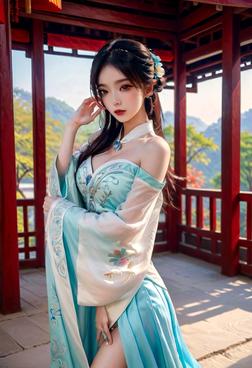 Chinese beauties in Han costume dancing under the pavilion of Tingtai Pavilion,Chinese style,actual eyes,,beautiful skin,Natural Makeup, ,Off-shoulder,Reality,4K,High resolution full body pictures.
