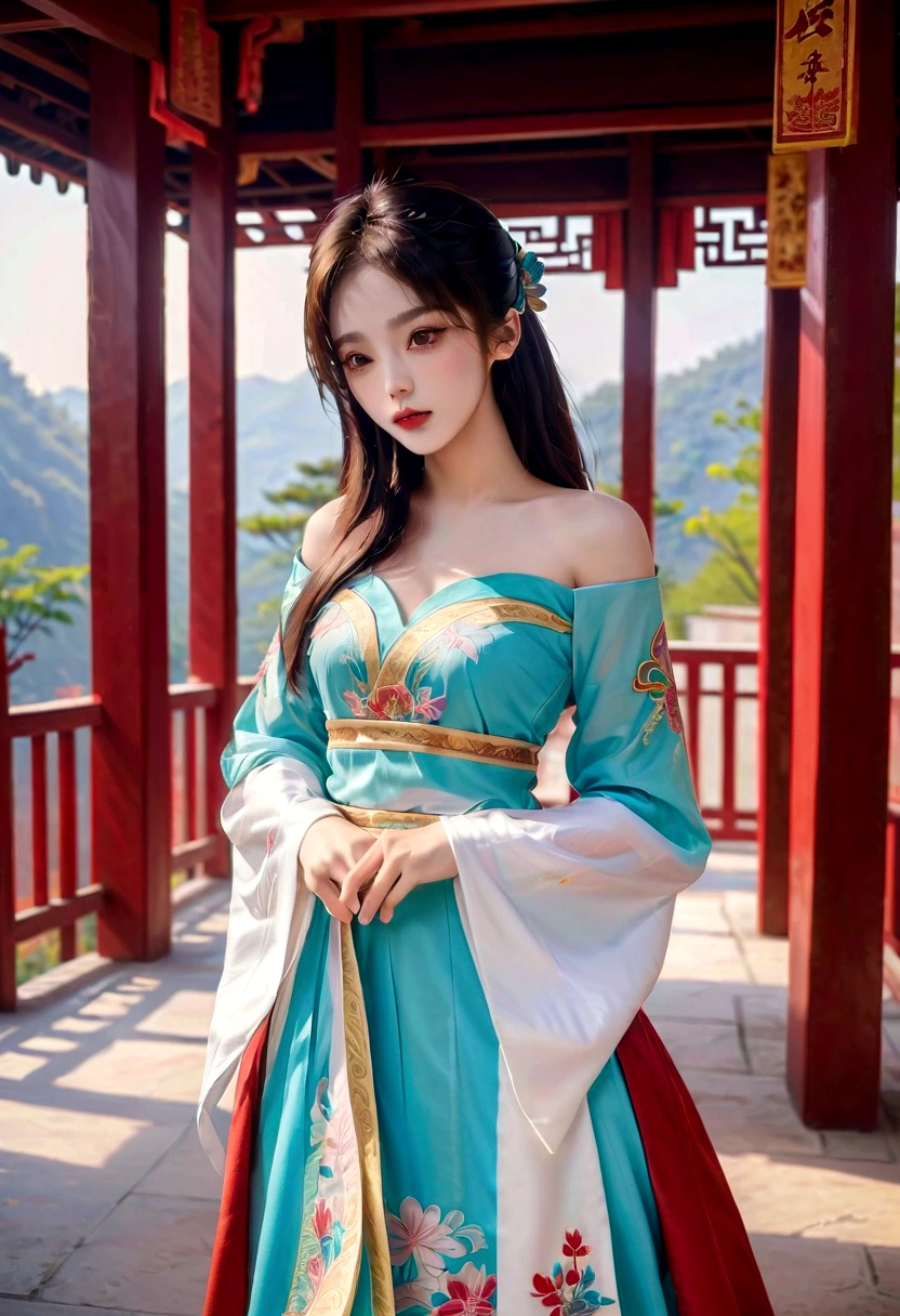 Chinese beauties in Han costume dancing under the pavilion of Tingtai Pavilion,Chinese style,actual eyes,,beautiful skin,Natural Makeup, ,Off-shoulder,Reality,4K,High resolution full body pictures.