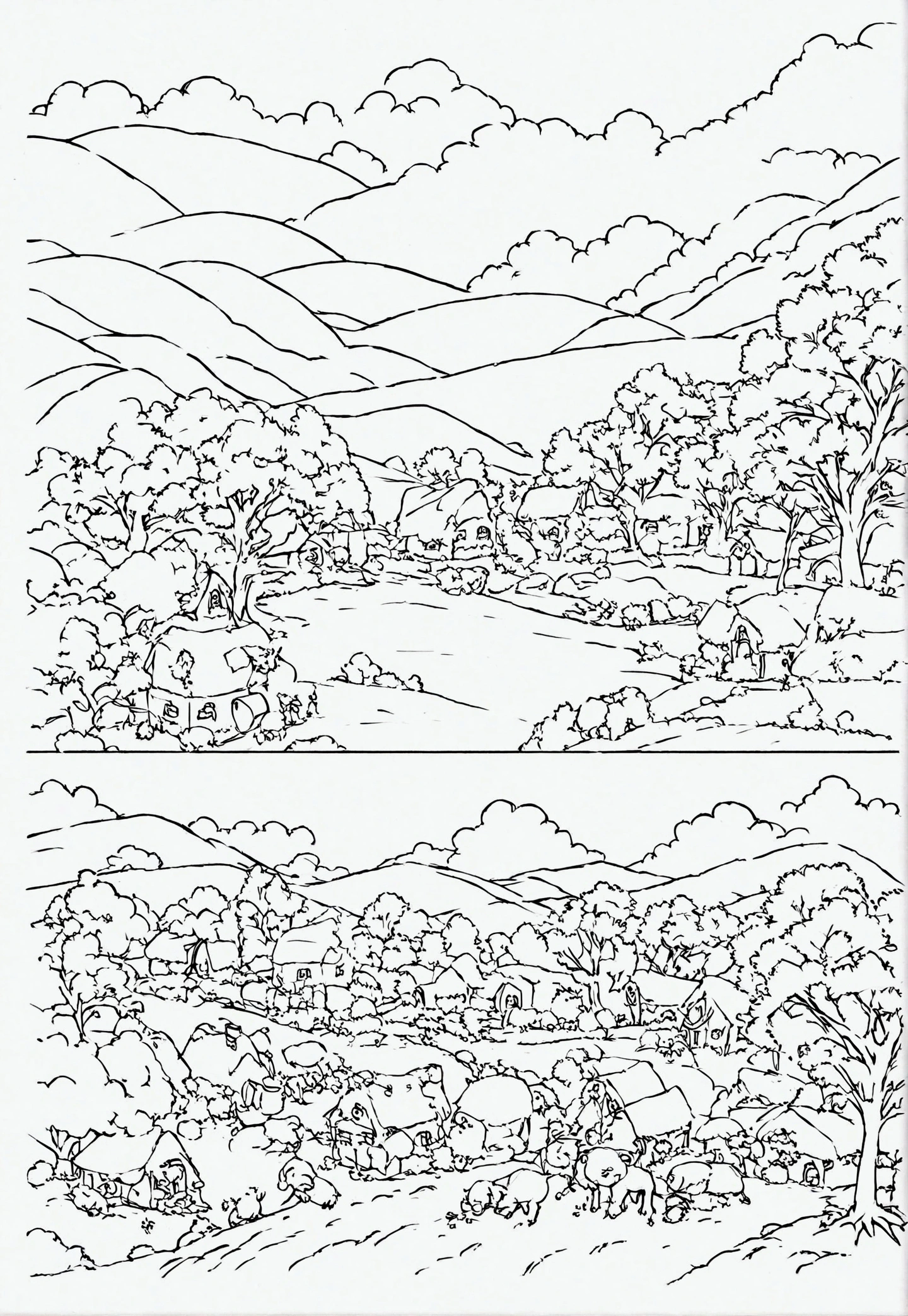 Maple Syrup Harvest: Grey and white only, Book page coloring art. All-white background. Use only outlines, line art. Clean line art for coloring. Simple and clean line art, coloring book page. Perfect symmetric details. A maple syrup farm during harvest season, with sap buckets hanging from trees, a sugar shack with steam rising from the evaporator, and a family enjoying pancakes with fresh syrup.

