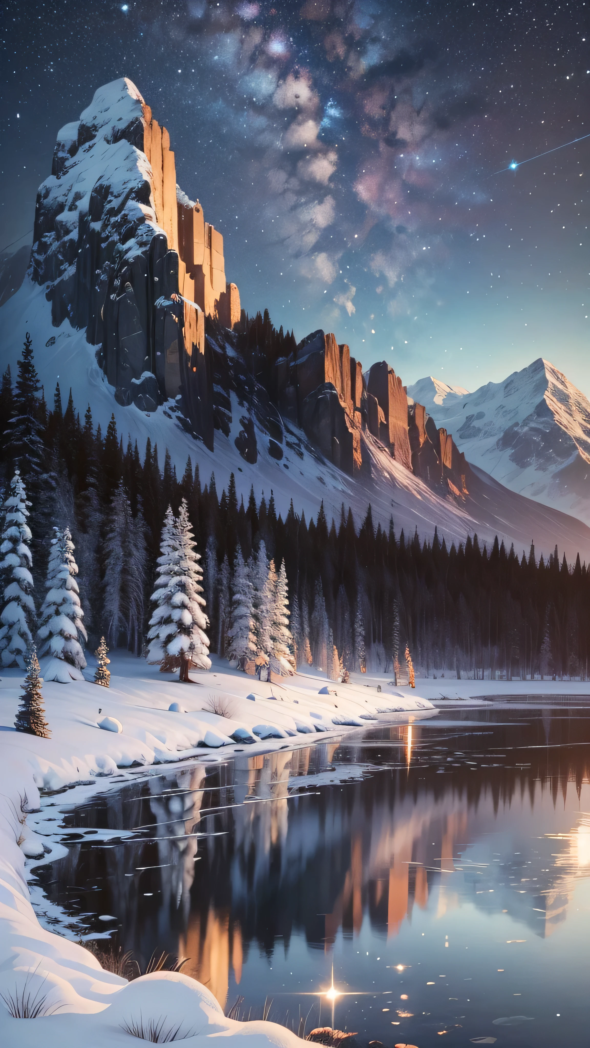 A very starry night,There's a wyvern in the distance,Huge moon behind the mountains。The quiet lake reflects the night。realistic scene,detailed,Photorealistic Photorealism,8k,