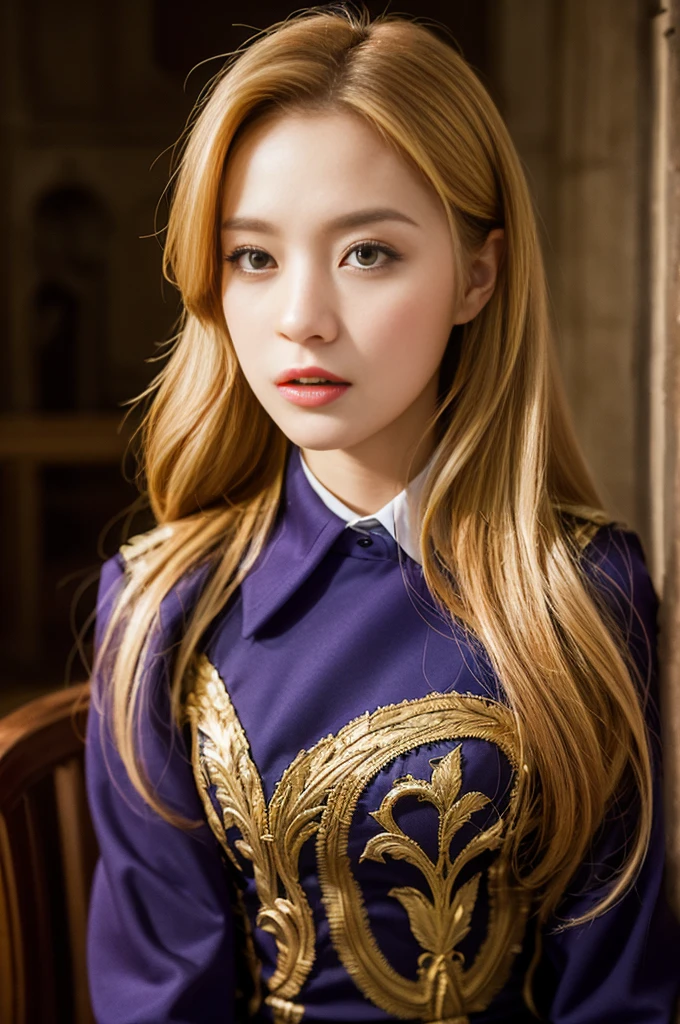 "Rapunzel Character, (Highly detailed CG uniform 8k wallpaper, Masterpiece quality with astonishing realism), (Best lighting, Best shade), (highest quality), (Elegant and devilish style:1.2), Inside a Spooky Medieval Tower、sitting gracefully in an intricately carved chair, Wearing (Rapunzel&#39;s classic outfit:1.2), (Piercing blue eyes:0.8), It&#39;s filled with a creepy and dark atmosphere, Dramatic and striking lighting accents, Surreal fantasy feel",whole body,