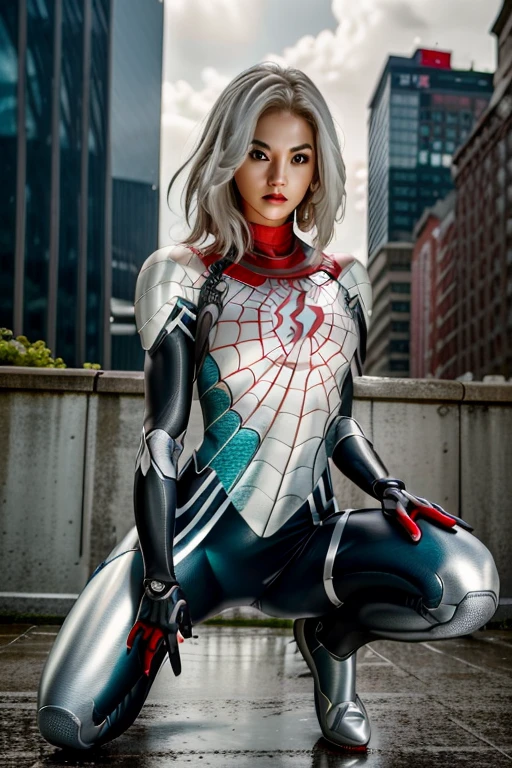 RAW photo, photo-realistic, ((Roseann Park)) as Spider Gwen, (((robotic armor suit, articulated armor suit, metallic armor suit)) or ((white spider-man suit))), spider-man, teal color accent, high heels((stilleto, platfoms)), spider, super hero, full body suit, armor, iron man, iron spider, medium white hair, beautiful face, rain, rooftop perch, masterpiece, intricate detail, perfect anatomy, ((masterpiece, best quality, highres, adult female)), realism, 1girl, TONED ABs, beautiful, intricate details, depth of field, 8k uhd, dslr, soft lighting, high quality, film grain, Fujifilm XT3