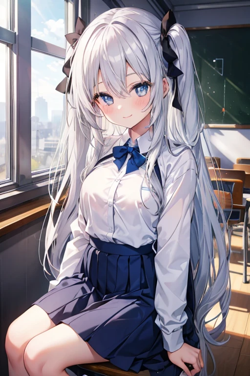 1girl, long silver hair, blue pupils, school clothes With white shirt, cute, smiling, Sitting in a chair in a classroom
