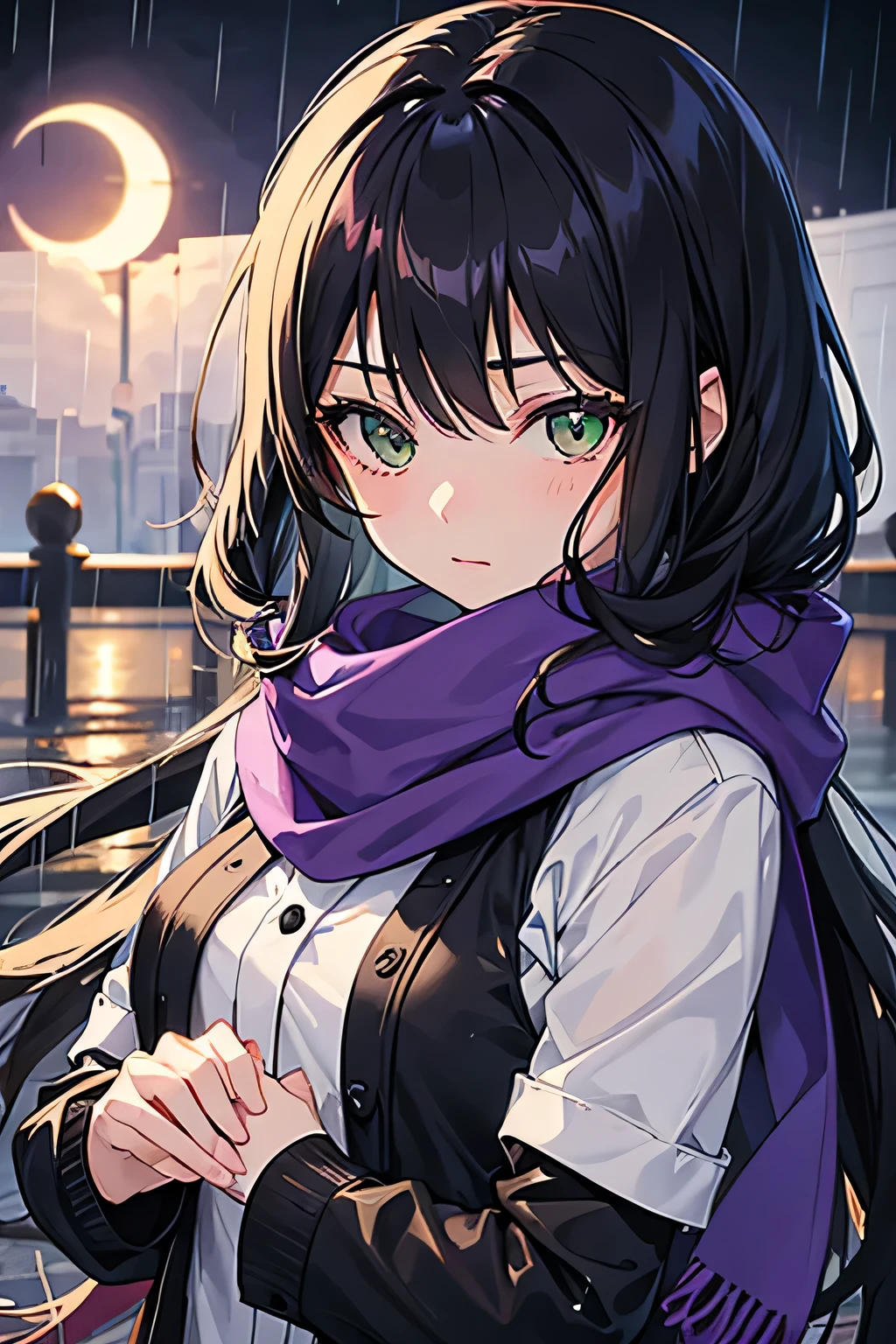 .Anime girl with black hair and green eyes.At night under the moonlight.in the rain. She wears long winter clothes. And a purple scarf