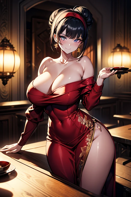 (((Masterpiece))),(((Super Detail))),(((in 8K))),(((best composition))),(((Rim lighting,Fireglow effect,deep shadow))),solo),Beautiful fingers,Detailed finger features,(Detailed hair features:1.7),(Dynamic and sexy bending pose:1.3),detailed facial features,detailed clothes features, (perky chest:1.1), (pointed chest:1.3), delicate beautiful face, Bright blue eyes, cute eyes, sparkling eyes, Big eyes, beautiful detailed eyes,double bun with glittering hair ornament:0.6,(super detailed glossy skin:1.3),slender body,goddess smile,((with sparkling eyes and a contagious smile)),beautiful posture,have a cup of coffee,black hair, red eyes, dress, bare shoulders, jewelry, collarbone, sidelocks, hairband, earrings, indoors, off shoulder, sweater, arms behind back, plant, short hair with long locks, white hairband, off-shoulder dress, sweater dress, off-shoulder sweater, red sweater, big side hair, very long side hair,(super delicate floral pattern:1.2),seductive cleavage:1.3,beautiful glossy legs,shiny red high heels,lifting dishes with cakesd,french restaurant,hustle and bustle,rising steam,(((depth of fields)))