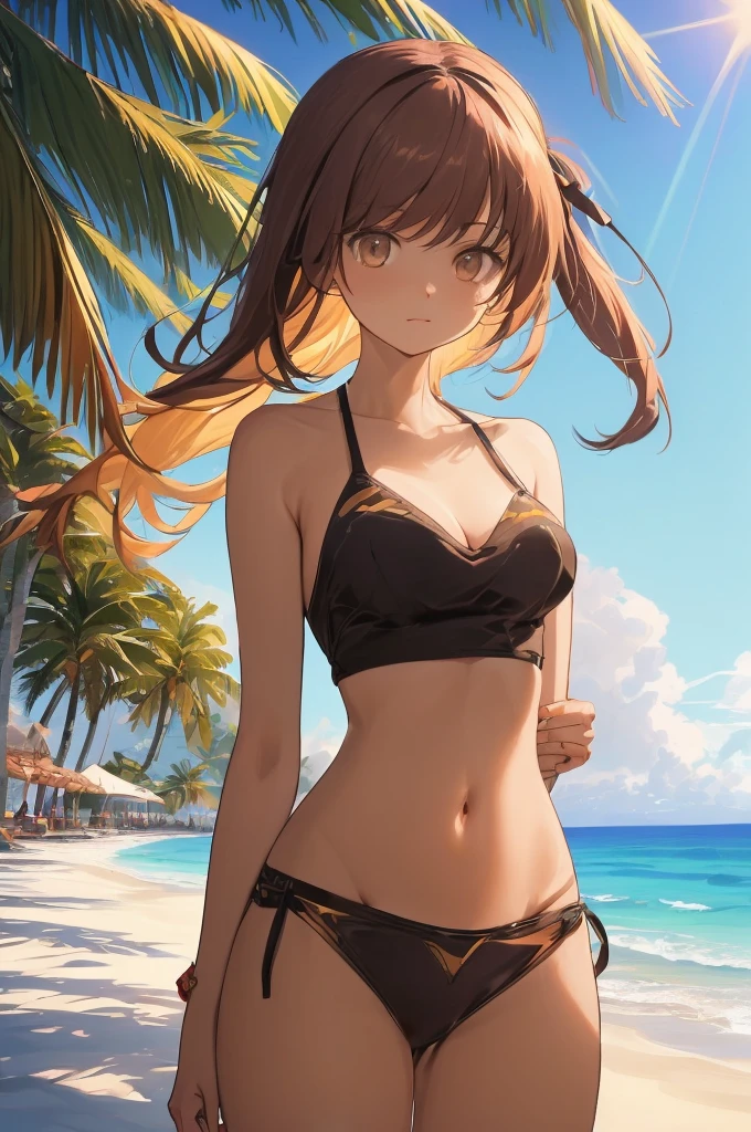 masterpiece, rich colors, Best quality, detailed, high resolution, Hyper quality, high detail, , High quality, detailing, skinny sexy girl on the beach , bright lighting , Brown eyes, anime, palm trees, bright lighting,