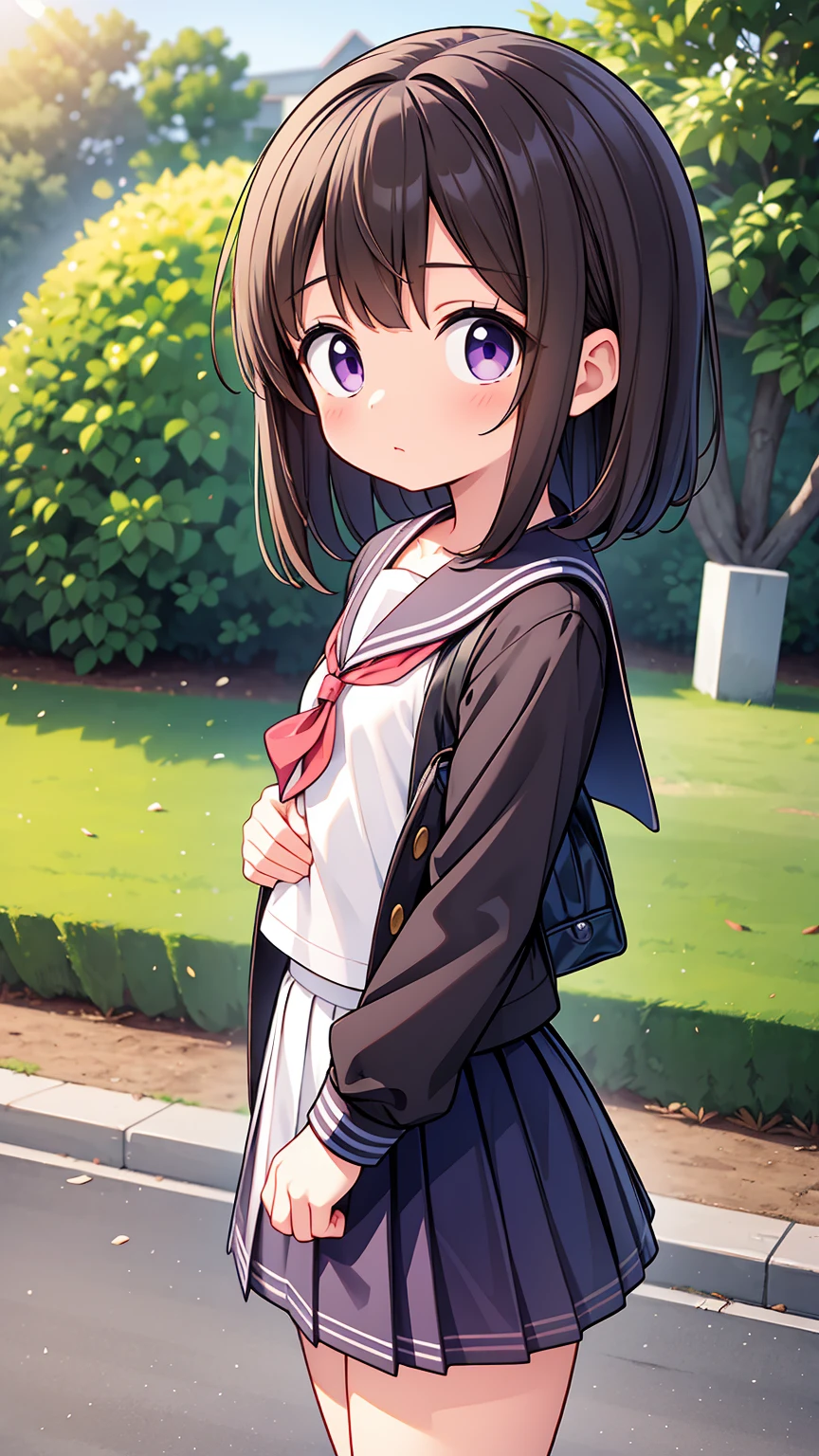 (High quality), (masterpiece), (very detailed), girl, (flat chest:1.6), short brown hair, purple eyes, shy face, primary school girl, white blouse, black skirt with pleats, (loli), showing her thighs, on the school yard, sunny, school girl, (sailor uniform), confessing his love towards the viewer, spectator looked under her, adorable eyes, (school uniform)