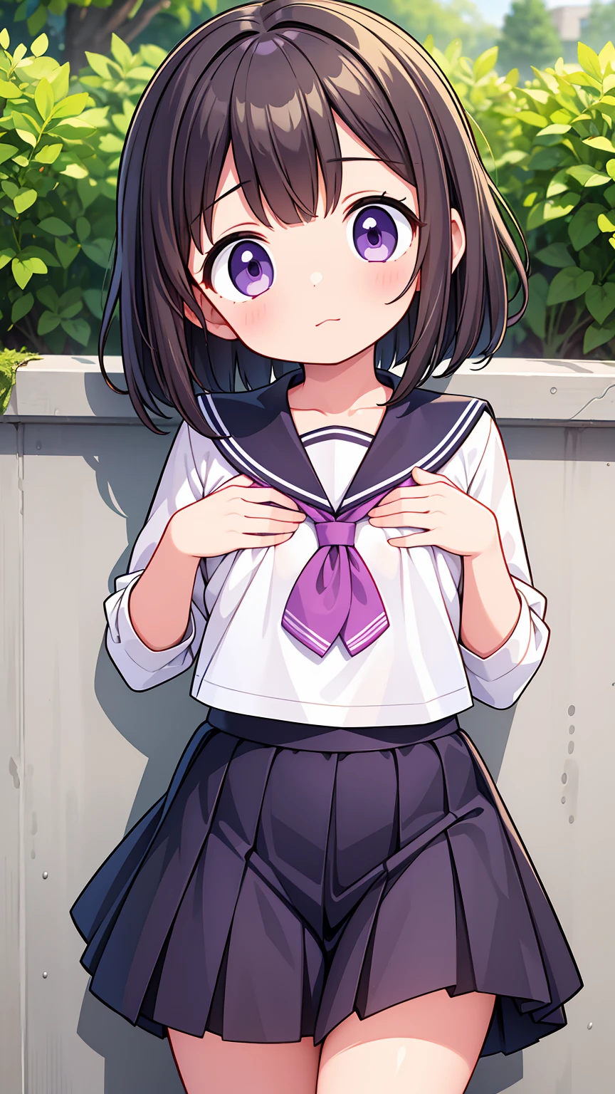 (High quality), (masterpiece), (very detailed), girl, (flat chest:1.6), short brown hair, purple eyes, shy face, primary school girl, white blouse, black skirt with pleats, (), showing her thighs, on the school yard, sunny, school girl, (sailor uniform), confessing his love towards the viewer, spectator looked under her, adorable eyes, (school uniform)