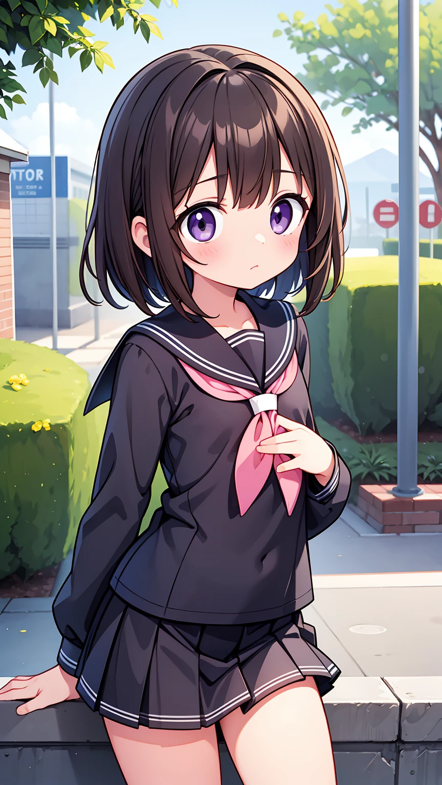 (High quality), (masterpiece), (very detailed), girl, (flat chest:1.6), short brown hair, purple eyes, shy face, primary  girl, white blouse, black skirt with pleats, (loli), showing her thighs, on the school yard, sunny, school girl, (sailor uniform), confessing his love towards the viewer, spectator looked under her, adorable eyes, (school uniform)