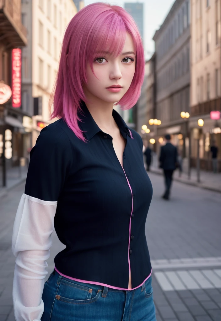 masterpiece, best quality, highly detailed,{{1girl}}, outdoors, short hair, pink_hair, parted lips, looking at viewer, realistic, real world location, ,looking at viewer, hand in own hair, close to viewer, {{upper body}}, rain, wet clothes, see-through, city, cityscape, building, metal collar, tears, school uniform, plunging neckline, shop, fore store,