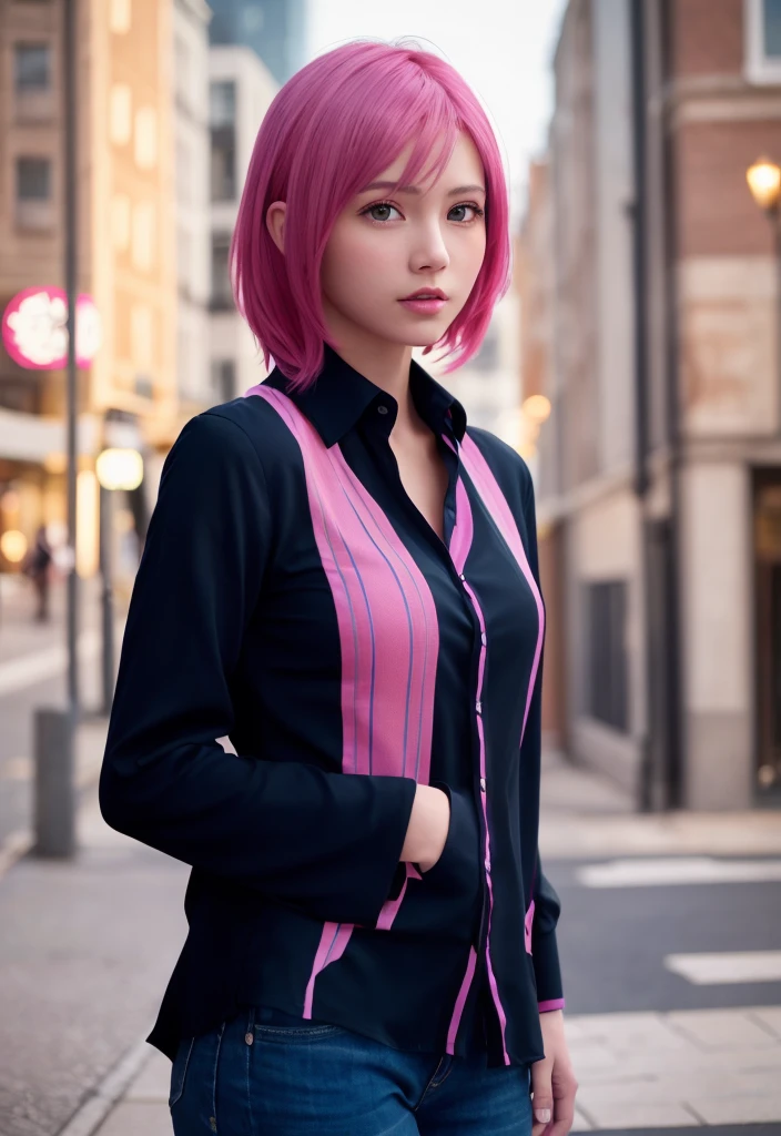 8K, of the highest quality, masutepiece:1.2), (Realistic, Photorealsitic:1.37), of the highest quality, masterpiece, sheer shirt, bright pink hair, Beautiful young woman, Pensive expression, charming, an inviting look, pixie hair, Cinematic background, Light skin tone, city street Background, sadness