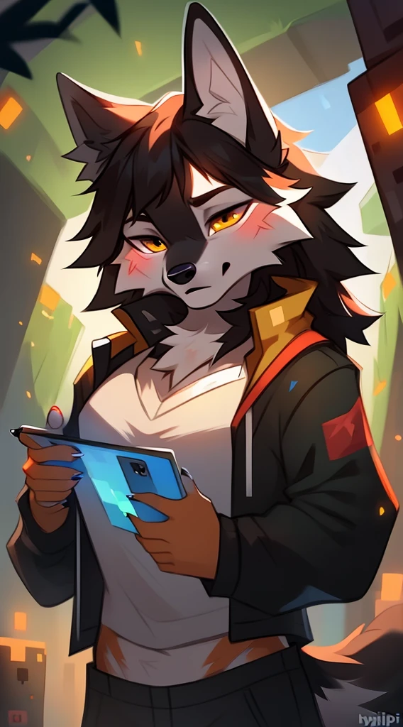 Wild wolf, minecraft wolf character, Furry art, wolf is drawing on cell phone, Art by Hyilpi Gray Wolf,