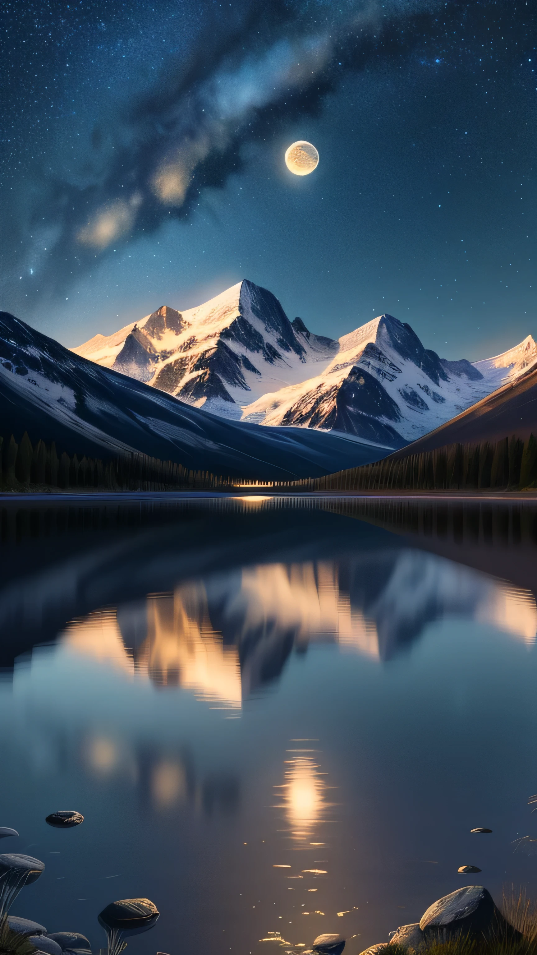 A very starry night. Huge moon behind the mountains. A quiet lake reflecting the night. realistic scene, detailed, Photorealism, 8k