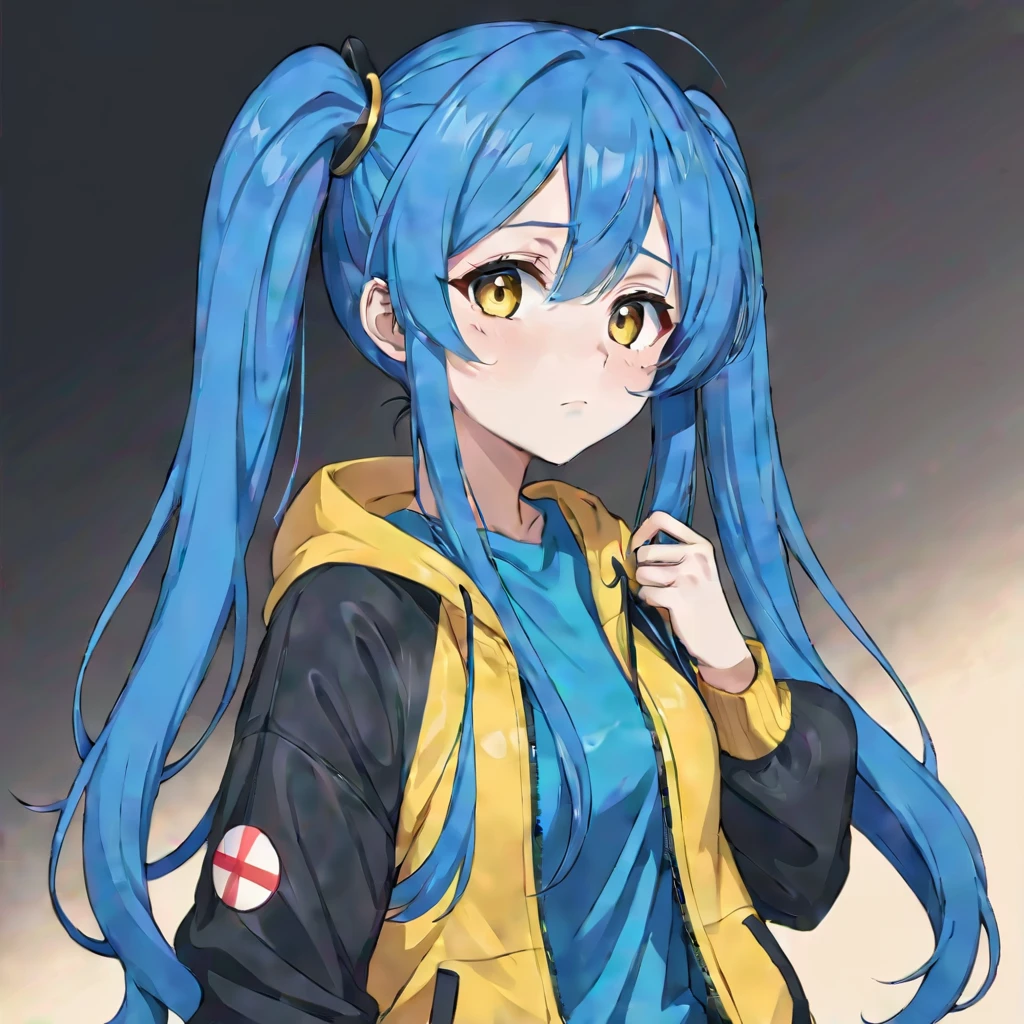 Anime girl with long blue hair and black and yellow jacket,  Band-aid on the tip of the nose、Anime Style 4k, Anime Moe Art Style, Twin tails、Amazing Anime 8K, , high quality Anime art style, Kantai Collection Style, Blue long hair girl, Anime art style, 