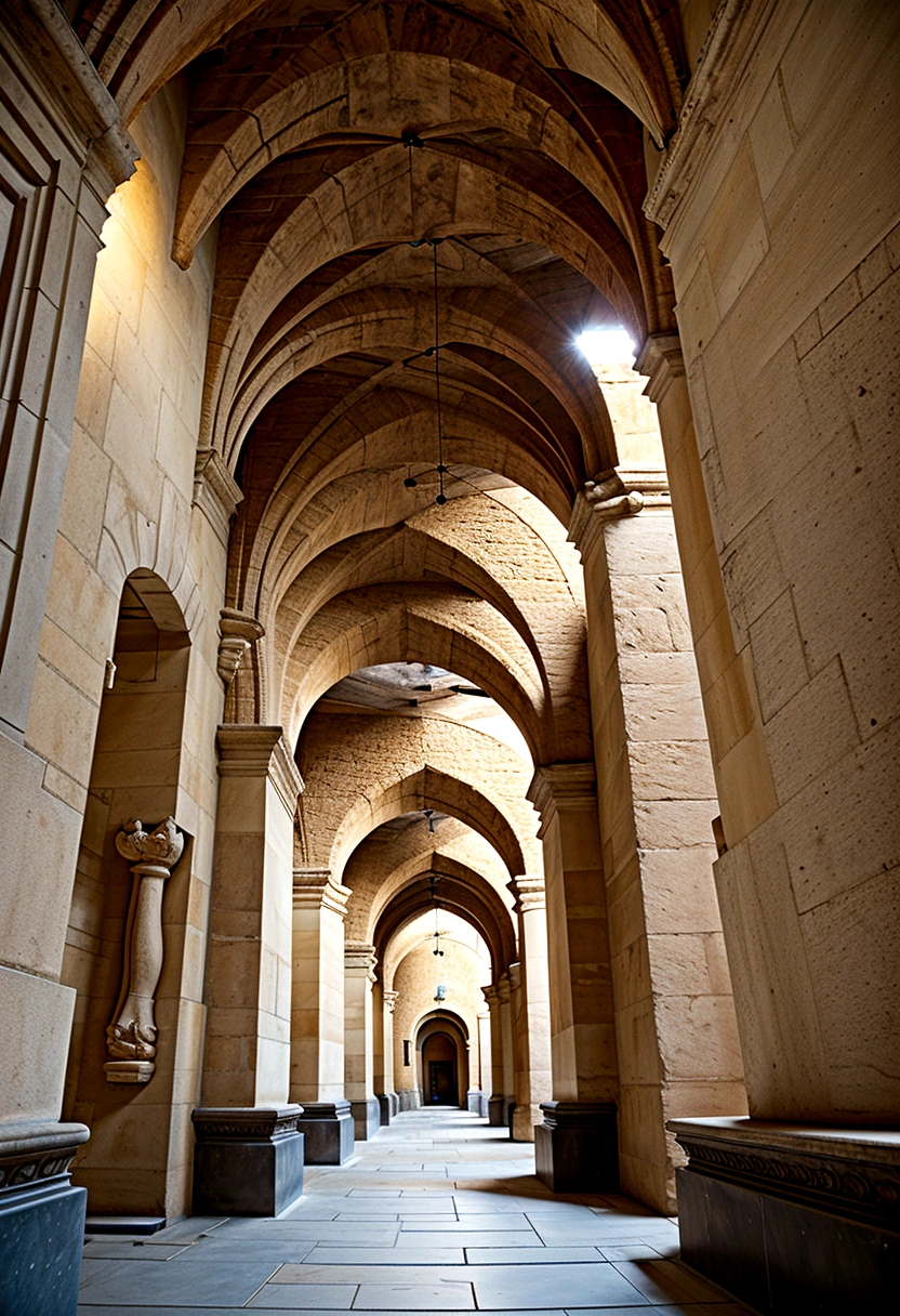 Create an RPG scene in a spacious, cylindrical-shaped underground chamber. The walls are extremely high and open onto a blue sky, iluminado pelo sol. The temperature is pleasant and a gentle breeze blows through the large hole in the ceiling.. Aves fazem ninhos nas alturas das paredes, and trees and bushes grow in the cracks. On the wall opposite the entrance, there are nine rings fitted together, each with symbols that are repeated in no order. No centro da sala, there are three stone pillars with three symbols engraved on them: a scale, clasped hands and a protected tower. Sunlight illuminates the chamber and casts soft shadows, creating a serene and enigmatic atmosphere.