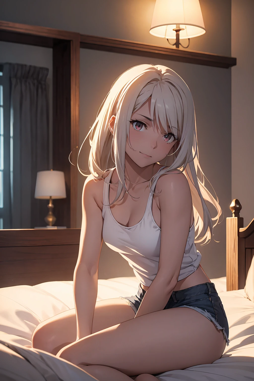 Browsing Caution　(highest quality:1.5, High resolution, 超High resolution, 4K, Detailed lighting, Shaders)(masterpiece:1.2), Very detailed, destiny/Background of the stay, indoor, Illyasviel von Einzbern　alone, Cowboy Shot,Long Hair, Gray Hair, Red eyes, White tank top　Denim shorts　M-shaped foot　sneer　atmosphere　Beautiful night view　On the bed　