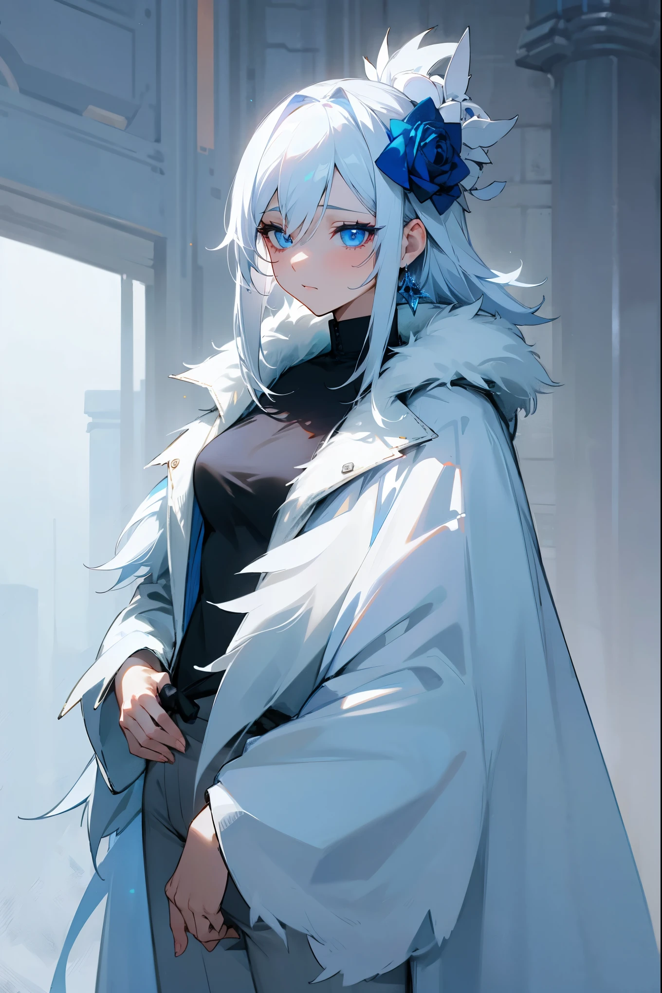 1female, white hair, blue rose hair ornament, blue eyes, cold, misty environment, tired expression, white fur coat, black undershirt, white pants, city background, detailed background, hands to side, standing on path