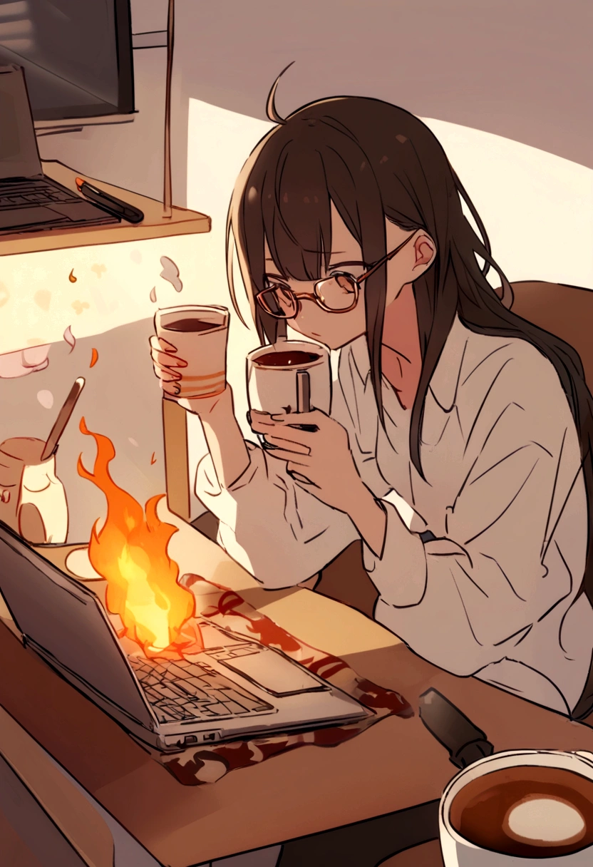 cute00d, sitting, glasses, cup, fire, animal, computer on fire, laptop, coffee