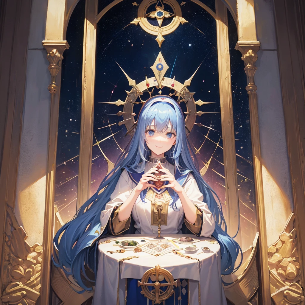 Tarot Cards（Female Pope(Salvator Mundi）のLast Supper（　canteen　Draw on canvas（Stained glass（Valentine　hologram　Blue light swirling）　Last Supper　　holy grail　Christ　smile）Anime Poster、oil）
