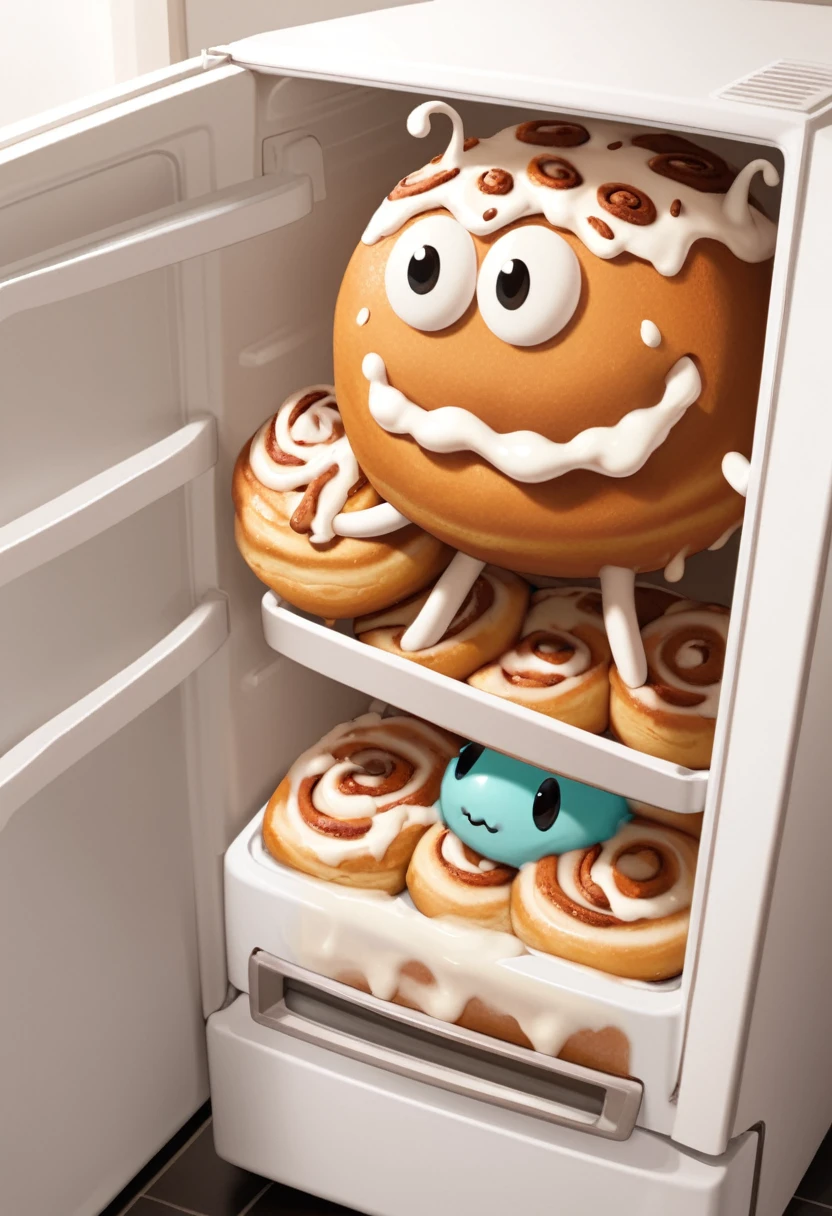 Anthropomorphic cinnamon roll monster girl, ADULT monster girl, cute, Tiny, exiting the refrigerator, gloopy, cinnamon icing slime monster, looks like a woman,