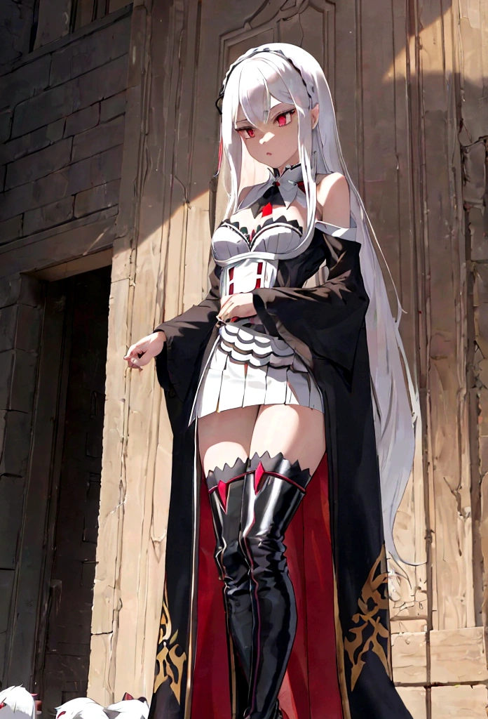 Girl, 20 years old, with long white hair down to below her waist, a serious yet tender expression, and red eyes. Her hair features black streaks. She wears antique-style clothing, a long black dress with a slit on the legs, and high black boots that almost reach her knees. Her power and background are related to shadows and darkness. dark escense, figth stance, detailed