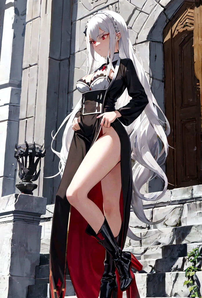 Girl, 20 years old, with long white hair down to below her waist, a serious yet tender expression, and red eyes. Her hair features black streaks. She wears antique-style clothing, a long black dress with a slit on the legs, and high black boots that almost reach her knees. Her power and background are related to shadows and darkness. dark escense, figth stance, detailed