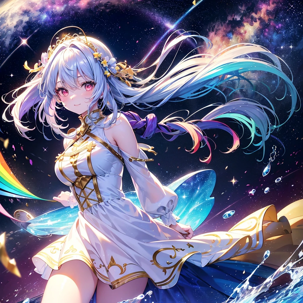 (((masterpiece)))、(((top-quality)))、((ultra-detailliert))、(illustratio)、((extremely delicate and beautiful))、Bright smile、floating、(Detailed light) (1girl in)、、solo、The long-haired、The wind is blowing、A WORLD、(cute eye)、(thick thighs), (Curve), White hair, (Red Eyes), 1 girl, pale skin, (Two-tone hair), Eyelashes, Smile, gleaming skin, Shiny hair, Long hair, nigh sky, nebulas, Galaxy, (Stars, inner strength), looking at you, Anime, beautiful anime eye, Beautiful detailed eyes, Eyes, Glittering eyes, (neons), Angelic, Halo, Flowers, (Colorful hair, rainbow hair, Liquid, Water, cloud, starrysky), Sleepy eyes), (lolita dress, detailed dress, Cute dress, fuffy dress,), Anime, rainbows, Style,