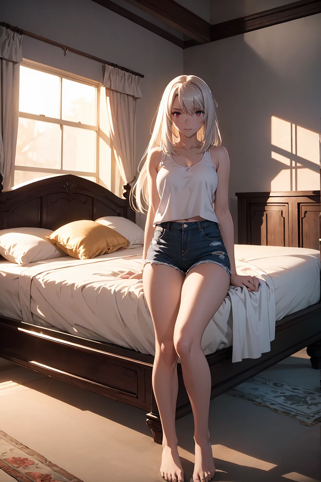 NSFW　(highest quality:1.5, High resolution, 超High resolution, 4K, Detailed lighting, Shaders)(masterpiece:1.2), Very detailed, destiny/Background of the stay, indoor, Illyasviel von Einzbern　alone, Cowboy Shot,Long Hair, Gray Hair, Red eyes, White tank top　Denim shorts　M-shaped foot　sneer　atmosphere　Beautiful night view　On the bed　