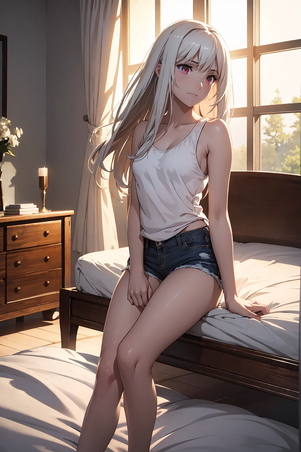 NSFW (highest quality:1.5, High resolution, 超High resolution, 4K, Detailed lighting, Shaders)(masterpiece:1.2), Very detailed, destiny/Background of the stay, indoor, Illyasviel von Einzbern alone, Cowboy Shot,Long Hair, Gray Hair, Red eyes, White tank top Denim shorts M-shaped foot sneer atmosphere Beautiful night view On the bed