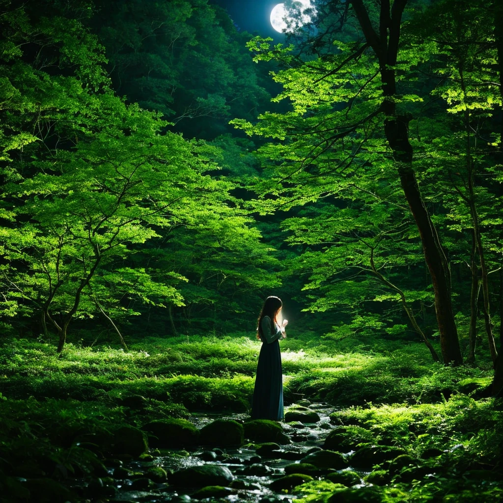 "In the quiet forest、wood漏れ日が差し込む穏やかな風景で、A young woman is singing softly。She closed her eyes、Playing a melody from the heart。Her expression is calm、In harmony with the surrounding nature。Beautiful flowers are scattered throughout the forest.、A small stream flows quietly。The moon shines in the distance、star々Shining in the night sky。wood々The birds in between are singing along to the woman&#39;s song.。森の奥深くには古いwood々Standing side by side、Feel the mystery of nature。The moonlight gently illuminates the ground、The silence of the night spreads。Based on the natural green and blue night sky、The moonlight shines white、star々Sparkling。Overall柔らかいパステル調の色合いが使われ、It creates a calm and relaxing atmosphere。Overall、silence and peace、A scene where you can feel healing and love、The beauty of nature and heartfelt singing come together in harmony.、An image that gives a sense of comfort to the viewer。", High resolution, masterpiece, highest quality, Intricate details, Very detailed, Clear focus, Delicate skin, practical skin texture, texture, Delicate eyes, Professional, 4K, Shot with Canon, 85mm, Shallow and deep,  Kodak Vision Color, Exactly, Very detailed, photograph_\(Extremist\), photographpractical, practical, Post-processing, Maximum details, Roughness, Real Life, Extremist practical, Photorealism, photographgraphy, 8K Ultra HD, photographgraphy