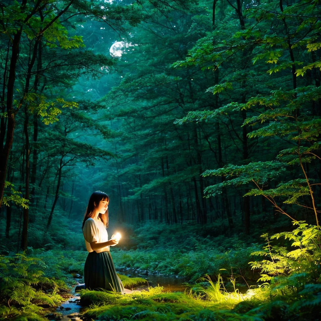 "In the quiet forest、wood漏れ日が差し込む穏やかな風景で、A young woman is singing softly。She closed her eyes、Playing a melody from the heart。Her expression is calm、In harmony with the surrounding nature。Beautiful flowers are scattered throughout the forest.、A small stream flows quietly。The moon shines in the distance、star々Shining in the night sky。wood々The birds in between are singing along to the woman's song.。森の奥深くには古いwood々Standing side by side、Feel the mystery of nature。The moonlight gently illuminates the ground、The silence of the night spreads。Based on the natural green and blue night sky、The moonlight shines white、star々Sparkling。Overall柔らかいパステル調の色合いが使われ、It creates a calm and relaxing atmosphere。Overall、silence and peace、A scene where you can feel healing and love、The beauty of nature and heartfelt singing come together in harmony.、An image that gives a sense of comfort to the viewer。", High resolution, masterpiece, highest quality, Intricate details, Very detailed, Clear focus, Delicate skin, practical skin texture, texture, Delicate eyes, Professional, 4K, Shot with Canon, 85mm, Shallow and deep, Kodak Vision Color, Exactly, Very detailed, photograph_\(Extremist\), photographpractical, practical, Post-processing, Maximum details, Roughness, Real Life, Extremist practical, Photorealism, photographgraphy, 8K Ultra HD, photographgraphy