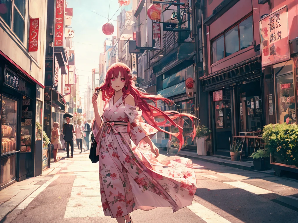 beautiful young woman, anime style, long flowing red hair, pink eyes, delicate features, soft lighting, wearing a chic summer dress, light and airy fabric, floral pattern, trendy accessories, urban background, bustling city street, golden hour lighting, dynamic and candid pose, capturing a moment of joy, Japanese anime style, high quality, highly detailed, 8k resolution, cinematic lighting, best quality, vibrant colors, Instagrammable, aesthetic, trendy