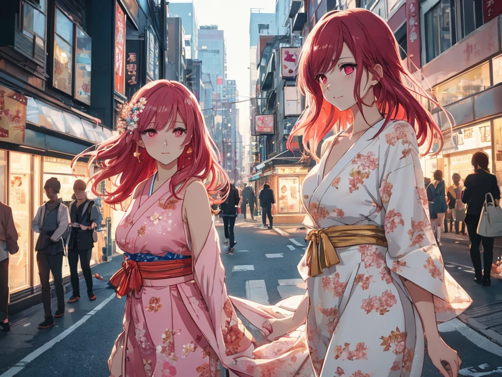 beautiful young woman, anime style, long flowing red hair, pink eyes, delicate features, soft lighting, wearing a chic summer dress, light and airy fabric, floral pattern, trendy accessories, urban background, bustling city street, golden hour lighting, dynamic and candid pose, capturing a moment of joy, Japanese anime style, high quality, highly detailed, 8k resolution, cinematic lighting, best quality, vibrant colors, Instagrammable, aesthetic, trendy