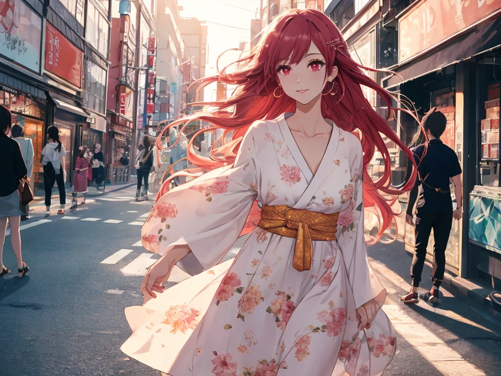 beautiful young woman, anime style, long flowing red hair, pink eyes, delicate features, soft lighting, wearing a chic summer dress, light and airy fabric, floral pattern, trendy accessories, urban background, bustling city street, golden hour lighting, dynamic and candid pose, capturing a moment of joy, Japanese anime style, high quality, highly detailed, 8k resolution, cinematic lighting, best quality, vibrant colors, Instagrammable, aesthetic, trendy