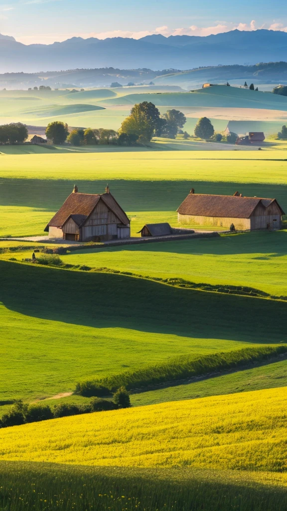 Point of view, Wheat meadow, with many people working and harvesting, in the background you can see a large rural village with wooden houses and a large golden castle of a small wall 