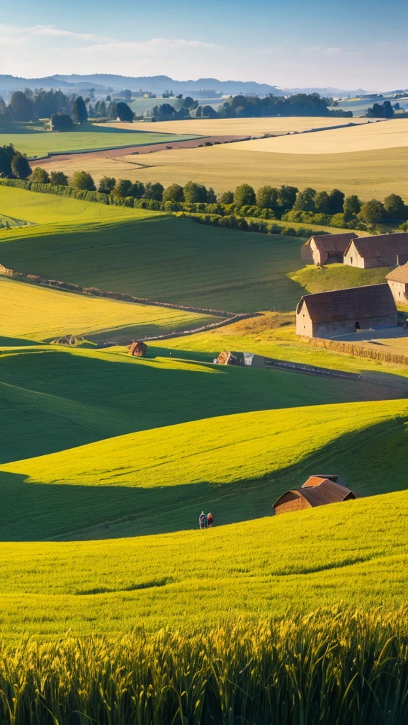 Point of view, Wheat meadow, with many people working and harvesting, in the background you can see a large rural village with wooden houses and a large golden castle of a small wall