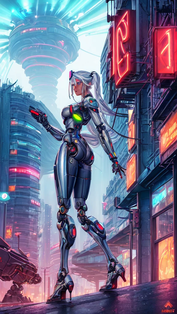 High Detail RAW color Photo,hyperrealistic,digital painting,wide shot,Full Shot,(lens flare:0.5), (bloom:0.5), portrait,(highly detailed, fine details, intricate), incredibly absurdres,(luxurious cyberpunk:1.4,Dystopian,sci-fi), concept art,ornate, from side,looking to the side,
1girl,Lucy \(cyberpunk\),European_Girls,(cute female arterial intelligence,robot, cyborg:1.5),(robotic parts,augmentations,mechanical arms, mechanical legs,silver halmet), (cybernetic implants:1.4,microchip,metal,electric wires,cable,silicone),grey eyes,asymmetrical hair, standing,(holding_weapon,battle_rifle,handgun),belt,(wearing shiny tight soft light suit,see-through white chemise), open jacket,detached sleeves,hip vent,metallic bone exposed,toned physique,slender,medium breasts exposure,breasts out,large ass, (pale skin),(detailed skin, diffused skin pores),HQ, angelic, decorations, embellishments,hard edge,
breathtaking,outdoors, ((in surreal planet Raphael Lacoste)),night, (electricity, bright neon colors,sprawling cyberpunk city skyline), turbulent storm, rain,smog,tendrils, spirals, dust,(((flying ships))), (badlands, observitory)