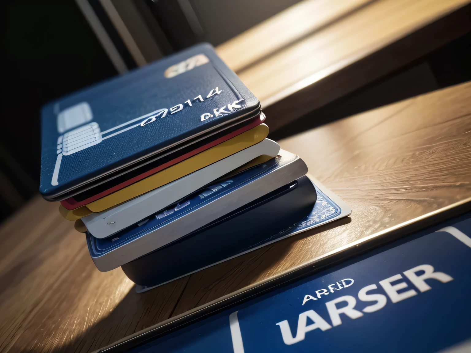 a photo of a stack of credit cards, detailed credit card design, bank cards, debit cards, Visa, MasterCard, American Express, Discover, ultra-detailed, (best quality,4k,8k,highres,masterpiece:1.2),ultra-detailed,(realistic,photorealistic,photo-realistic:1.37),HDR,UHM,studio lighting,ultra-fine painting,sharp focus,physically-based rendering,extreme detail description,professional,vivid colors,bokeh
