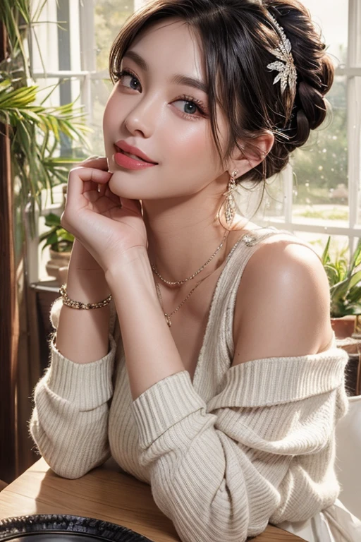 (((Masterpiece))),(((Super Detail))),(((in 8K))),(((best composition))),(((Rim lighting,Fireglow effect,deep shadow))),solo),Beautiful fingers,Detailed finger features,(Detailed hair features:1.7),(Dynamic and sexy bending pose:1.3),detailed facial features,detailed clothes features, (perky chest:1.1), (pointed chest:1.3), delicate beautiful face, Bright blue eyes, cute eyes, sparkling eyes, Big eyes, beautiful detailed eyes,double bun with glittering hair ornament:0.6,(super detailed glossy skin:1.3),slender body,goddess smile,((with sparkling eyes and a contagious smile)),beautiful posture,have a cup of coffee,black hair, red eyes, dress, bare shoulders, jewelry, collarbone, sidelocks, hairband, earrings, indoors, off shoulder, sweater, arms behind back, plant, short hair with long locks, white hairband, off-shoulder dress, sweater dress, off-shoulder sweater, red sweater, big side hair, very long side hair,(super delicate floral pattern:1.2),seductive cleavage:1.3,beautiful glossy legs,shiny red high heels,lifting dishes with cakesd,french restaurant,hustle and bustle,rising steam,(((depth of fields)))
