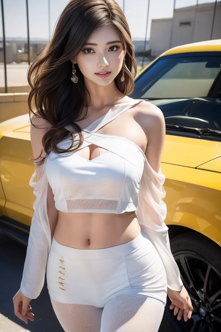 (((One-shoulder mesh girls outfit))),(((Dynamic pose))),(((Abdominal Peek))),(((Show lower chest ))),(((Yellow and white miniskirt lift))),(((Bare inner thighs))),(((Formula One racing car display))),Ulzzang-6500-v1.1, (Original photo:1.2), (Realistic:1.4), Beautiful and delicate girl, Very detailedな目と顔, Beautiful and delicate eyes,(Pale skin),  (Big Breasts：1.5）、（nude：1.3）、Very detailed, High resolution, highest quality,masterpiece, Very detailed, 8k wallpaper, wonderful, Fine details, highest quality, There is Light on the face,Light,One Girl,(car truck),Beautiful Eyes,smile,Open your mouth