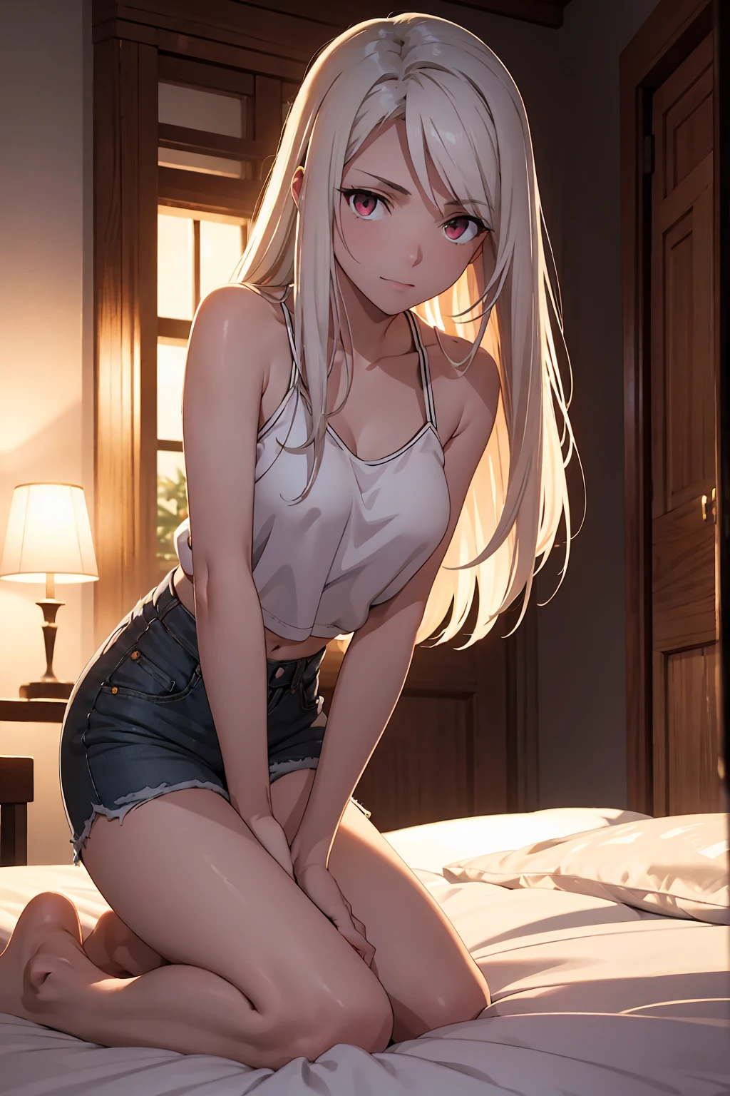 NSFW　(highest quality:1.5, High resolution, 超High resolution, 4K, Detailed lighting, Shaders)(masterpiece:1.2), Very detailed, destiny/Background of the stay, indoor, Illyasviel von Einzbern　alone, Cowboy Shot,Long Hair, Gray Hair, Red eyes, White tank top　Denim shorts　M-shaped foot　sneer　atmosphere　Beautiful night view　On the bed　