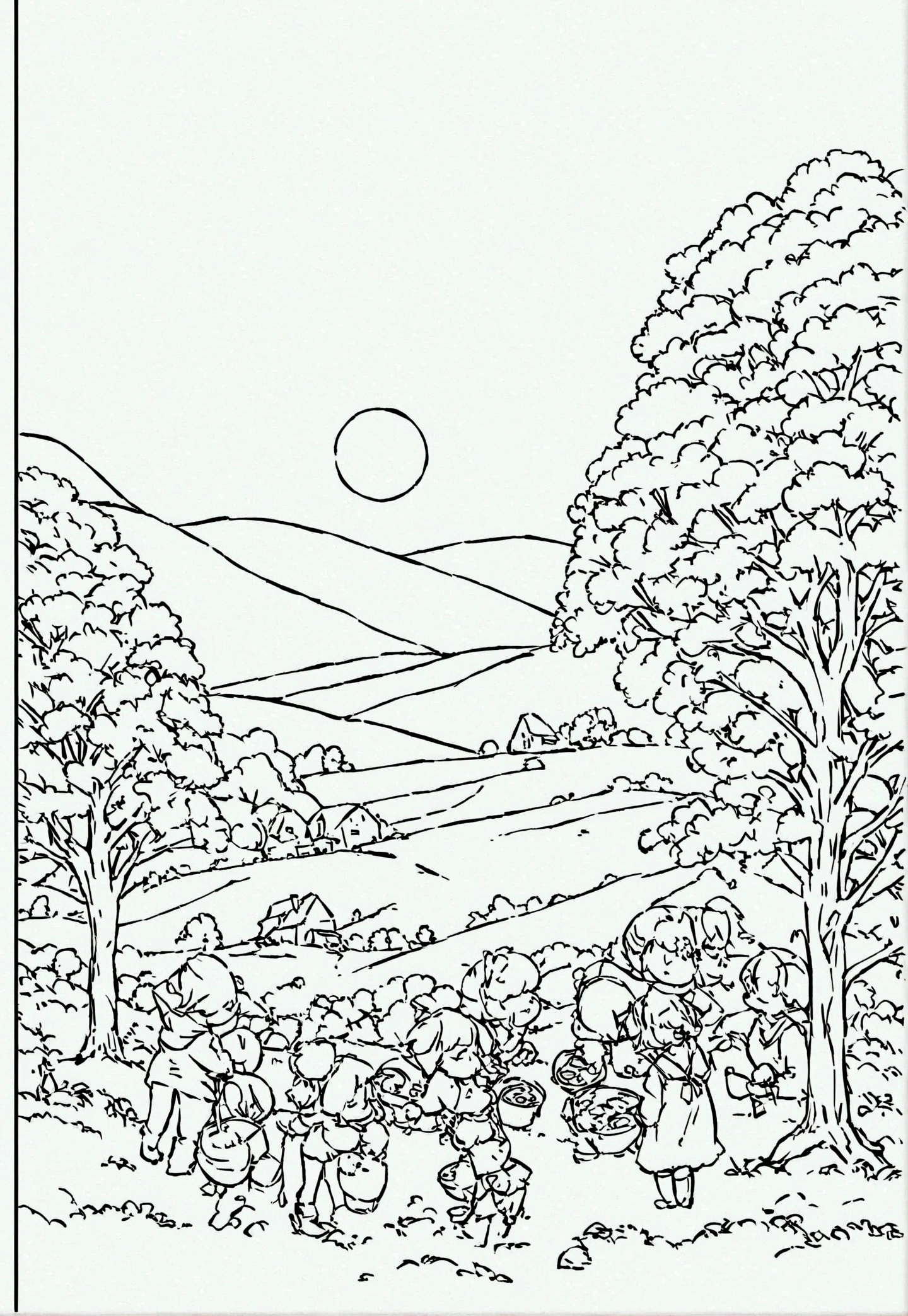 Maple Syrup Harvest: Grey and white only, Book page coloring art. All-white background. Use only outlines, line art. Clean line art for coloring. Simple and clean line art, coloring book page. Perfect symmetric details. A maple syrup farm during harvest season, with sap buckets hanging from trees, a sugar shack with steam rising from the evaporator, and a family enjoying pancakes with fresh syrup. add more fine details.