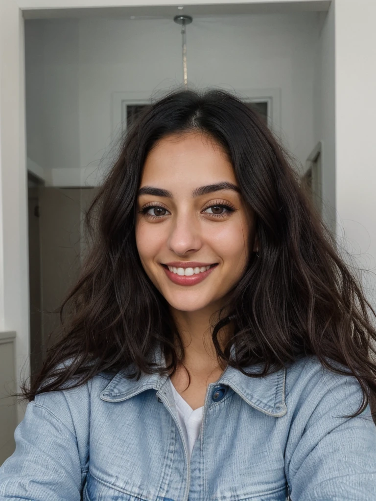 one cute women, 29YO, white, Arab, cute face, realistic brown eyes, blue jacket, black hair, cute smile, skinny face, white realistic teethes, big eyes, long wavy hair